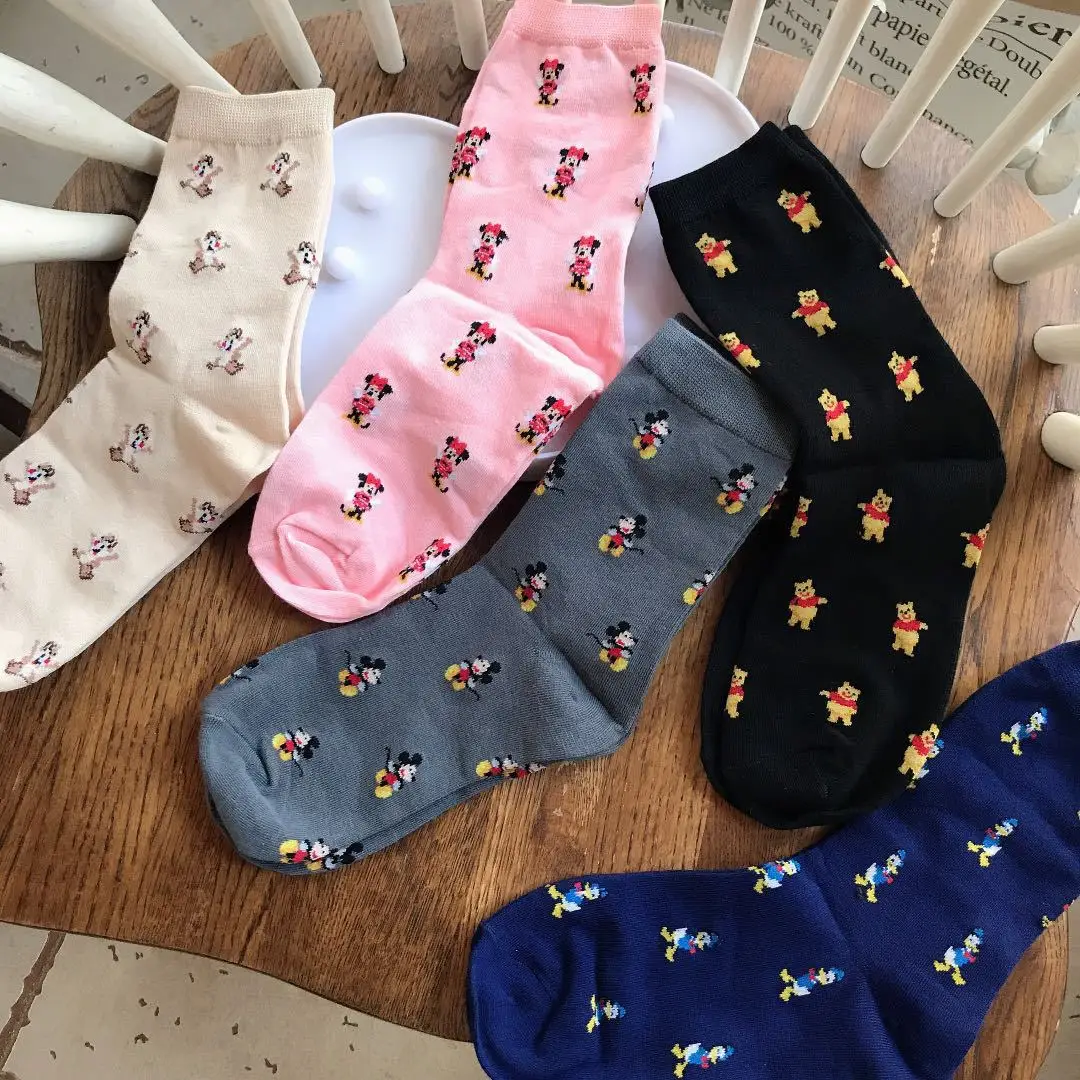 

Disney Women's Middle Tube Socks Mickey Cartoon Fashion Sports Cotton Cute Winnie The Pooh All-match College Style Socks Gift