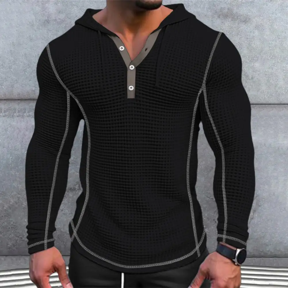 

Solid Color Long Sleeve Top Stylish Men's Waffle Cotton Hoodie with Slim Fit Button Closing Breathable Long Sleeve for Casual