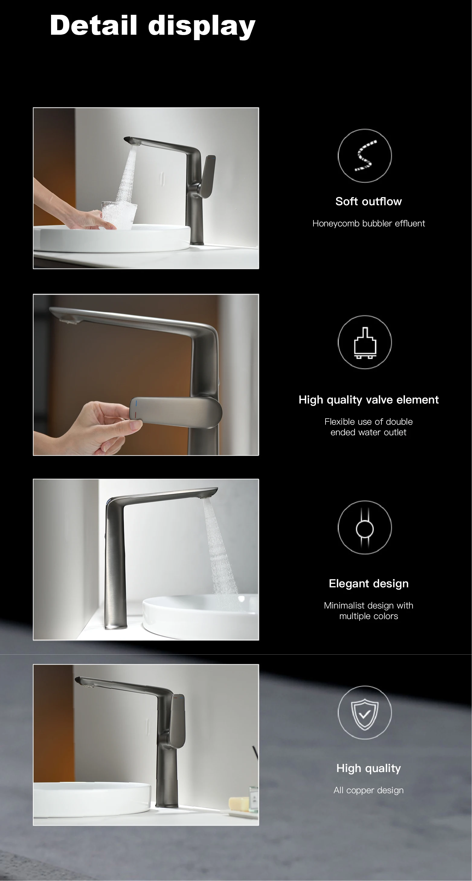 Gun gray luxury brass bathroom faucet with a single handle for Hot&Cold water rotation and outlet design 2 functional basin Tap