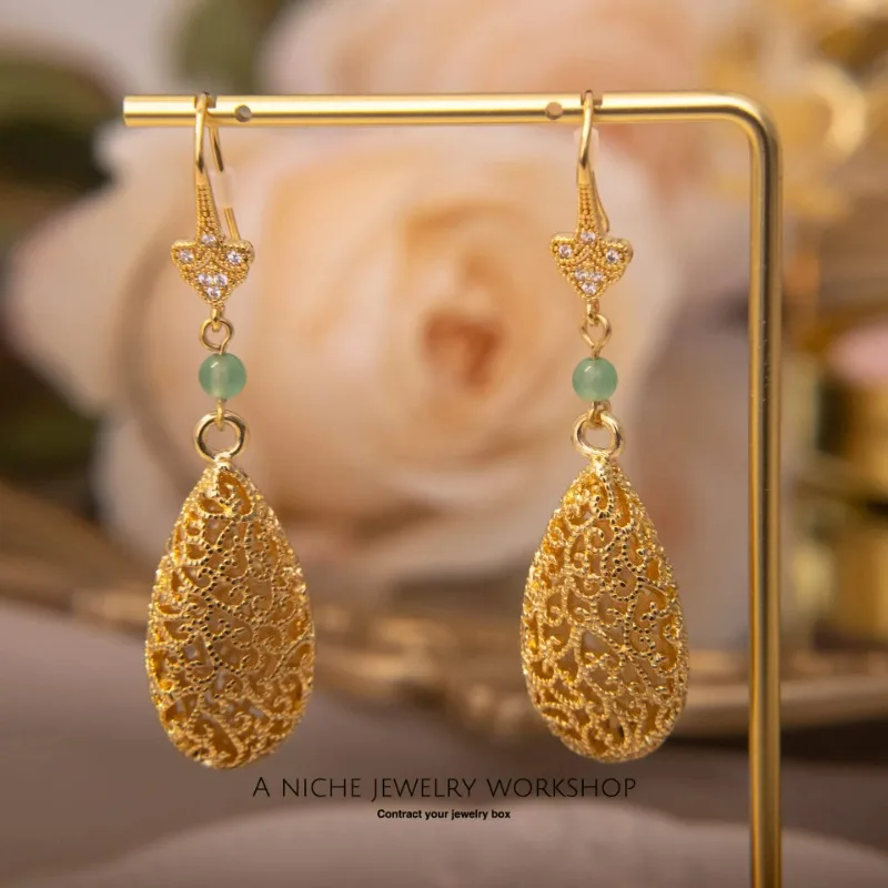 Chinese Style Copper Plated Hollow Out Jadeite and Zircon Embellishments Earrings for Women Parties and Banquet Decorations Gift