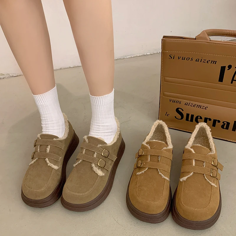 

Туфли женские с закрытым носком, меховые кроссовки, Повседневная Базовая ткань, на шнуровке, Мокасины, Осень-зима 2023