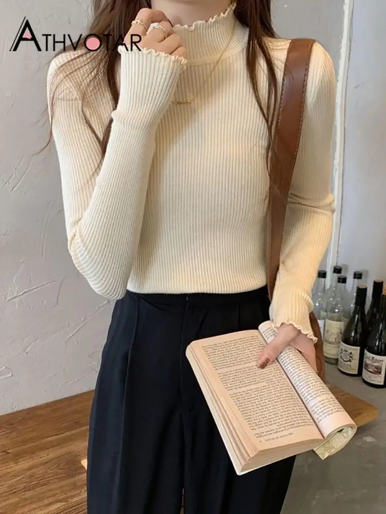 

ATHVOTAR Sweater Women Korean Sweet Elegant Knitting Sweater Half Turtleneck Warm Top Slim Basic Bottoming Shirt Inner Sweater