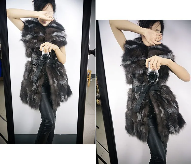 long puffer jacket Real Natural Genuine  Fox Fur Vest  Women Fashion Sliver Fox Fur Gilet With Collar Jackets Ladies Outwear Custom Any Size puffer coat women