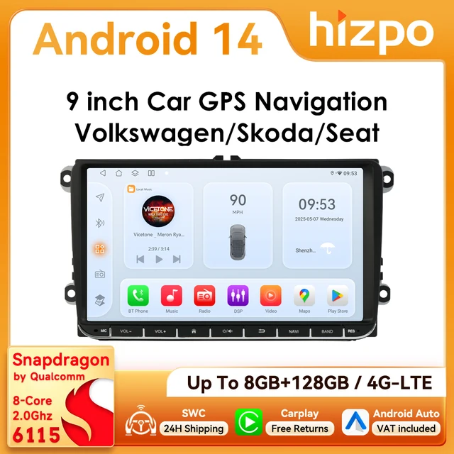 Autoradio Hizpo 9 pouces CarPlay Android Auto pour VW Volkswagen Golf Passat B6 B7 Skoda Seat Octavia Polo Tiguan RDS DSP GPS BT 4G 1