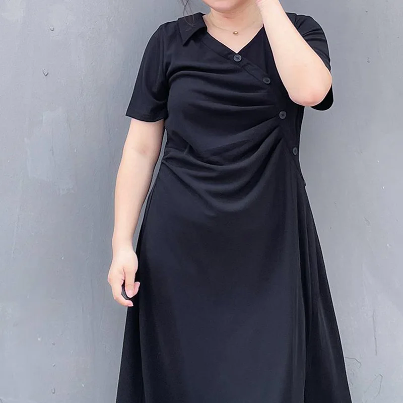 Korean Plus Size Women's Clothing Solid Color Asymmetric Design of Pleated Diagonal Buckle Short Sleeve Loose A-line Midi Dress