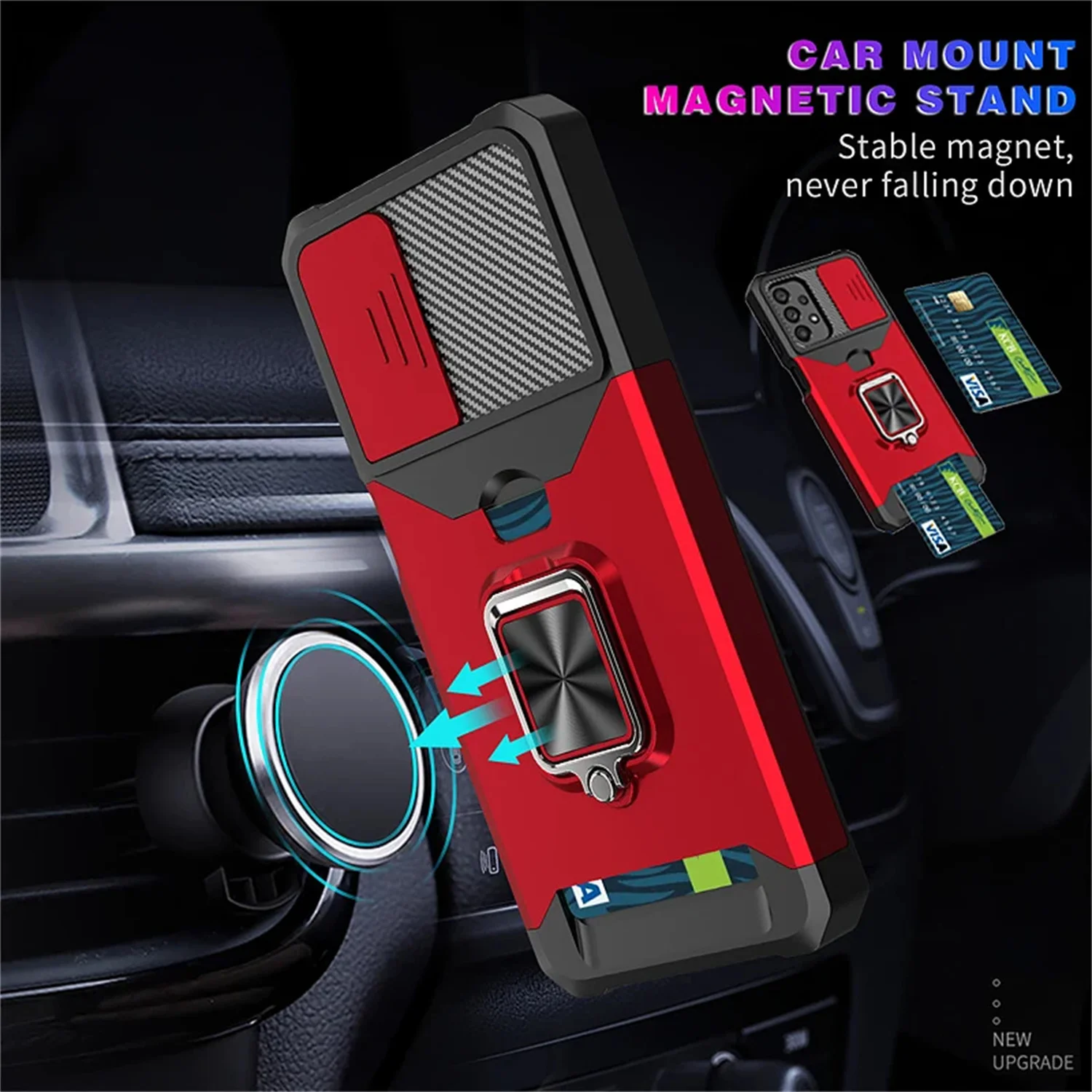 Premium Card Holder Case with Ring Stand & Rotating Slide Camera Lens - Military Armor Design
