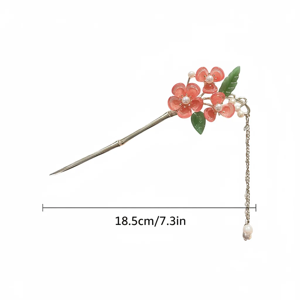 꽃과 비즈 장식이 있는 진주 금속 머리핀, 우아한 한푸 헤어 액세서리 (결혼식, 파티, 축제용)