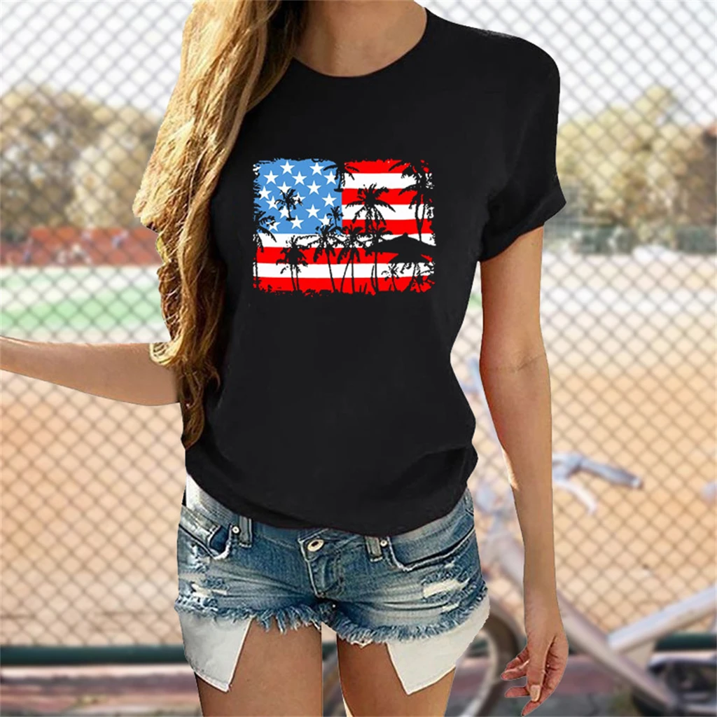 

2022 New American Independence Day T-Shirt Women's Short Sleeve Girl Maid Tees July 4th Flag Pattern Lady Tops Round Neck Gift