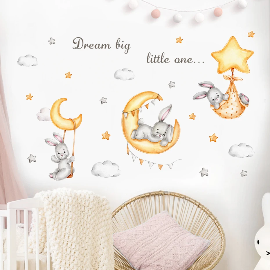 

Boho Cartoon Cute Baby Bunny Moon Stars Cloud Wall Sticker Watercolor Vinyl Children Nursery Art Decals for Kids Room Home Decor