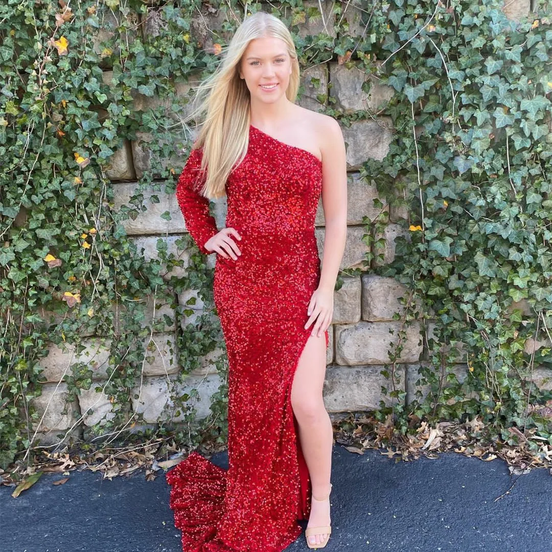 

Elegant Long Red Sequined Prom Dresses for Women Evening Dresses Long Slit One Shoulder Zipper Back Formal Party Gowns Plus Size