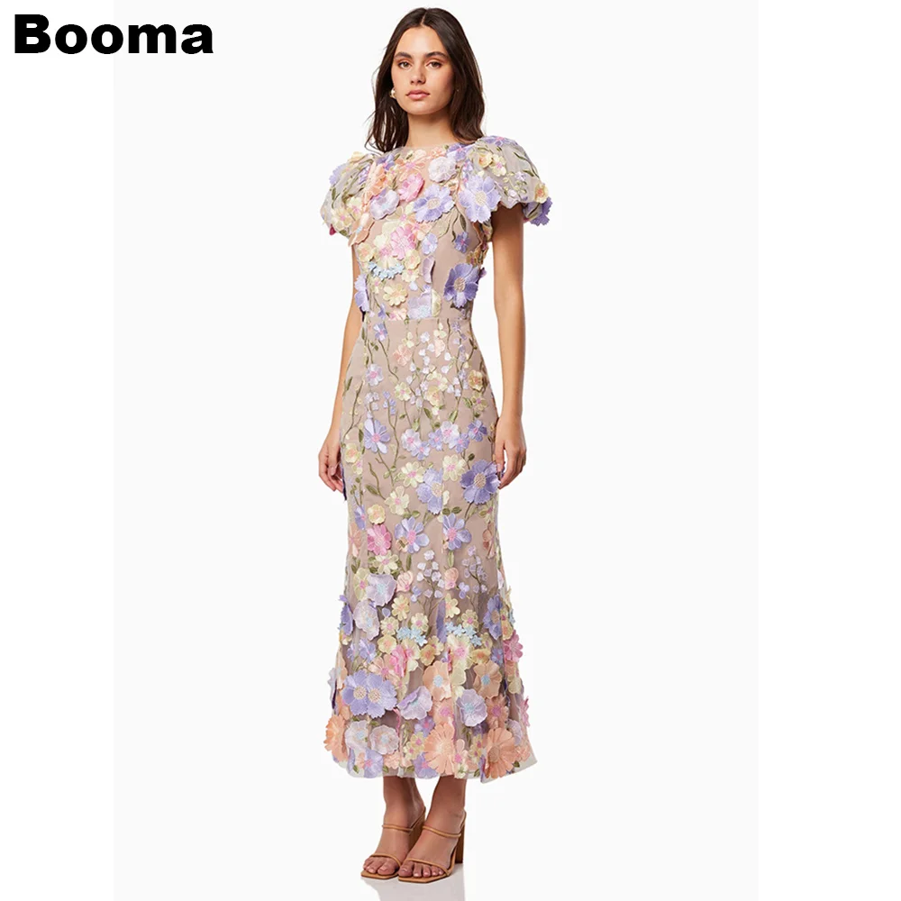 Booma Elegant Midi Prom Dresses Short Sleeves 3D Flowers Mermaid Evening Dress for Women Ankle Length Formal Occasion Gowns