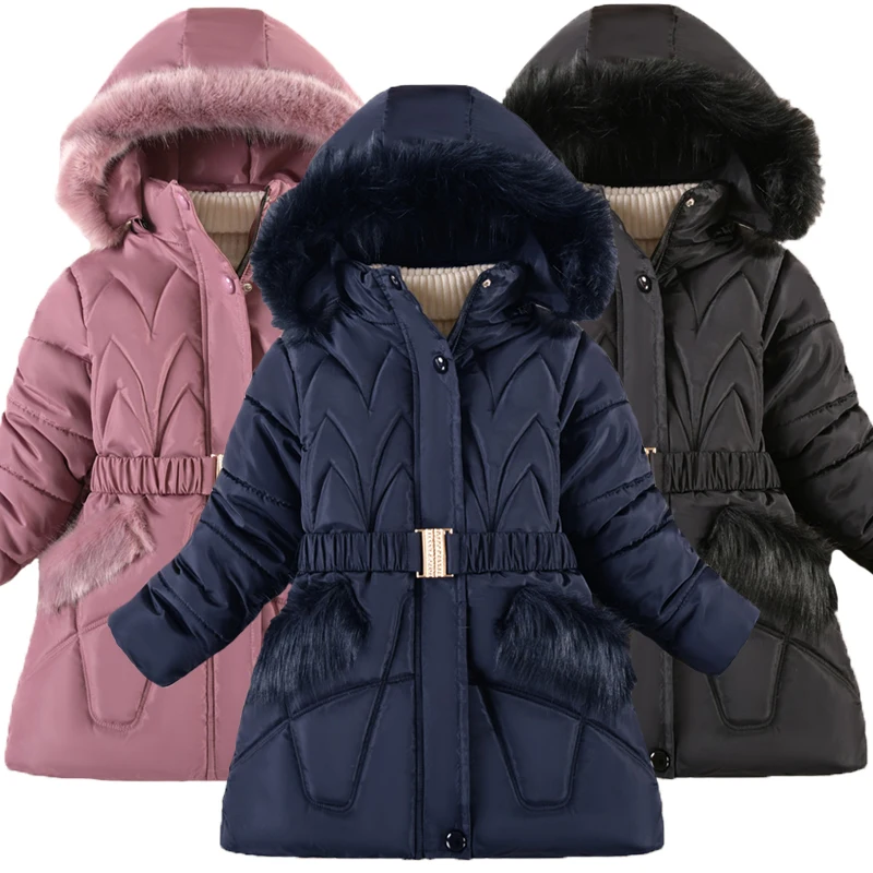 

2023 New Winter Keep Warm Girls Jacket Waist Belt Design Detachable Hat Lining Plush Hooded Heavy Coat For Kids