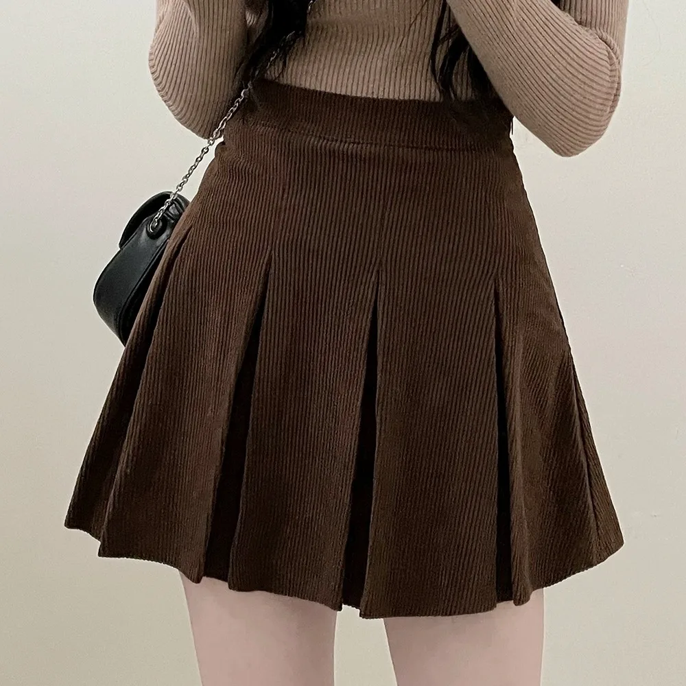Retro Corduroy A-Line  Skirt High Waist Slimming Pleated Design Autumn Winter Faion Ladies' Commute Sle Ciwalk