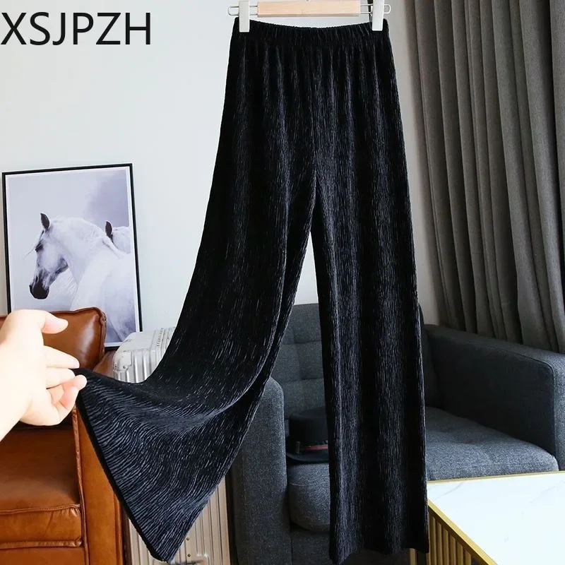 

Xsjpzh вельветовые широкие текстурные брюки со складками женские черные осенне-зимние новые эластичные прямые повседневные брюки до пола с высокой талией
