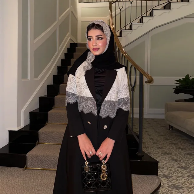 Modest Lace Trim Abaya Middle East Open Front Abaya Headscarf Lapel Abaya Long Sleeve Kaftan Robe Muslim Dress For Women 3