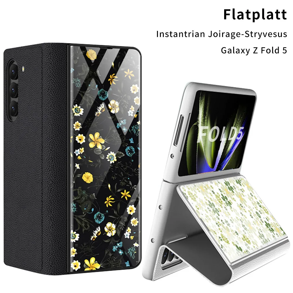 

For Samsung Galaxy Z Fold5 Phone Flip Protective Case Stylish Personalized Flower Elegant Glass Leather Case Women Business Case