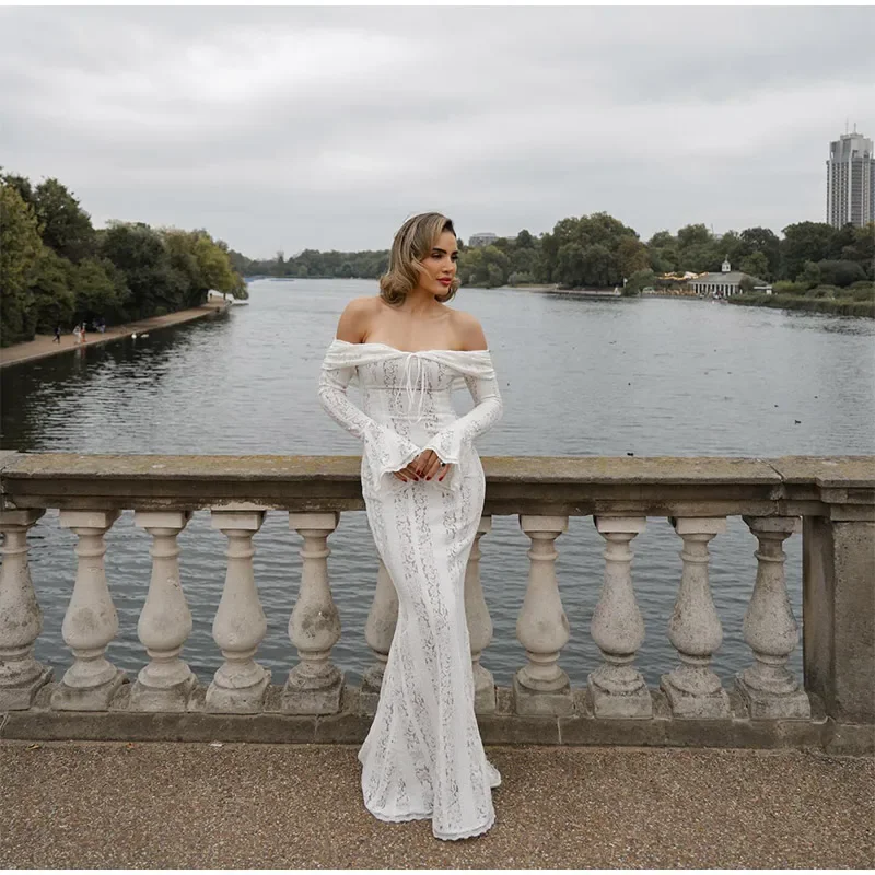 Sexy Hollow Out Lace Maxi Dress Female Backless See-Through Slim Lace-Up Bandeau Dress Women's White Luxury Long Dress New