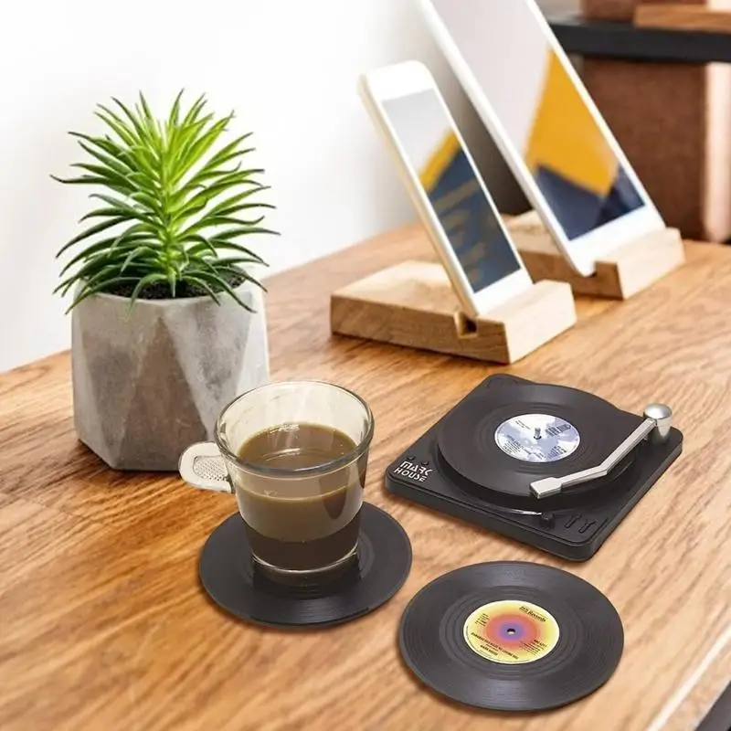 New 6/4/2PCS Retro Vinyl Record Cup Coaster Anti-slip Coffee Coasters Heat Resistant Music Drink Mug Mat Table Placemat Decor images - 6