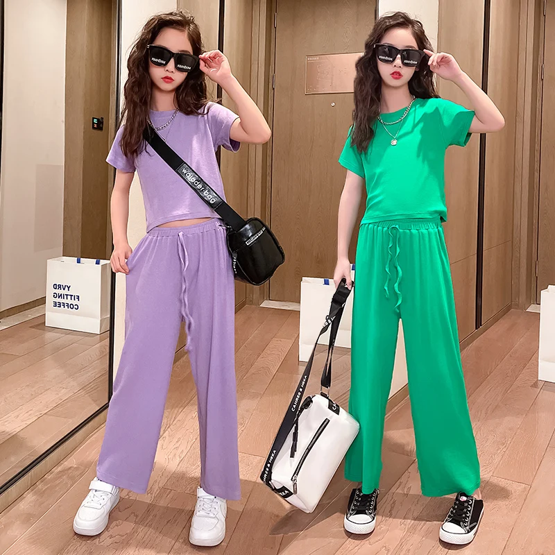 

Teenager Girls Clothing Sets Summer Kids Fashion Crop Tops Purple Wide leg Pants Two Piece Suit Children Outfits 3 To 14Year