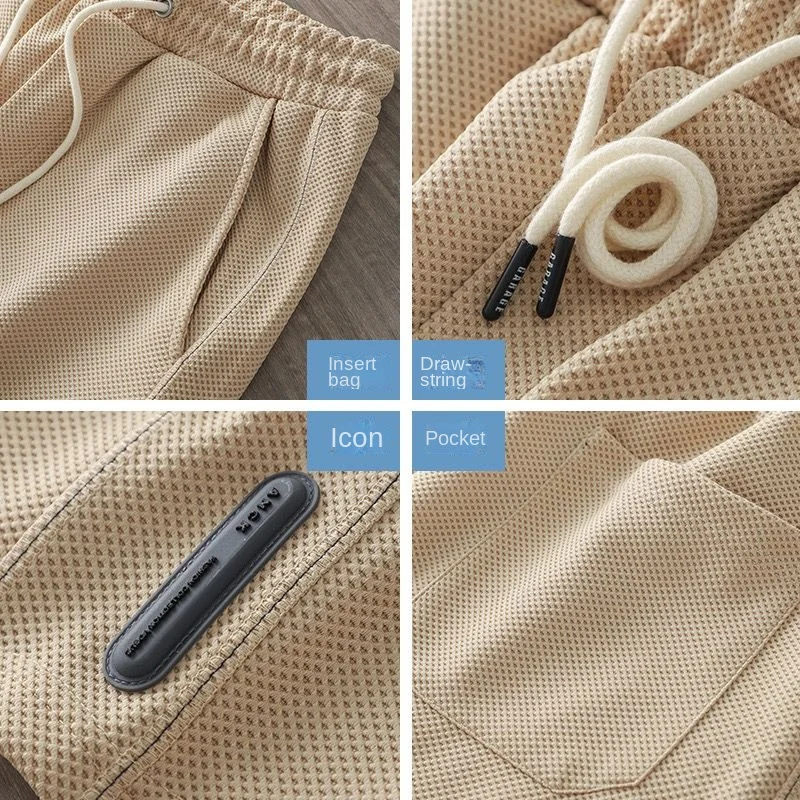 Invisible Open Crotch Sex Pants Waffle Shorts Men's Summer Heavy Sweatpants Loose Sports Elastic Waist Casual Short with Pockets