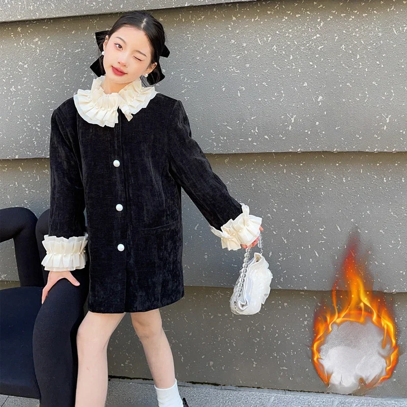 

Кружевное платье в стиле ретро для девочек, новинка зимы 2023, хлопковая куртка средней длины с дополнительной толщиной