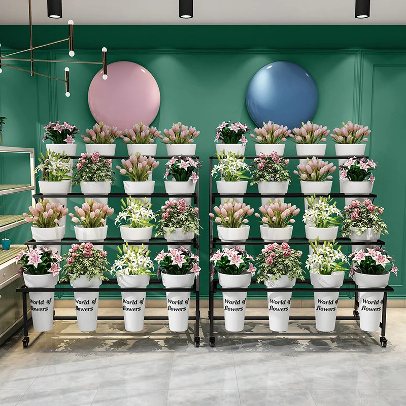 Flower Shop Display Multi Layer Ladder Flower Stand Movable Iron Stand Bucket Display Shelf Plant Stands