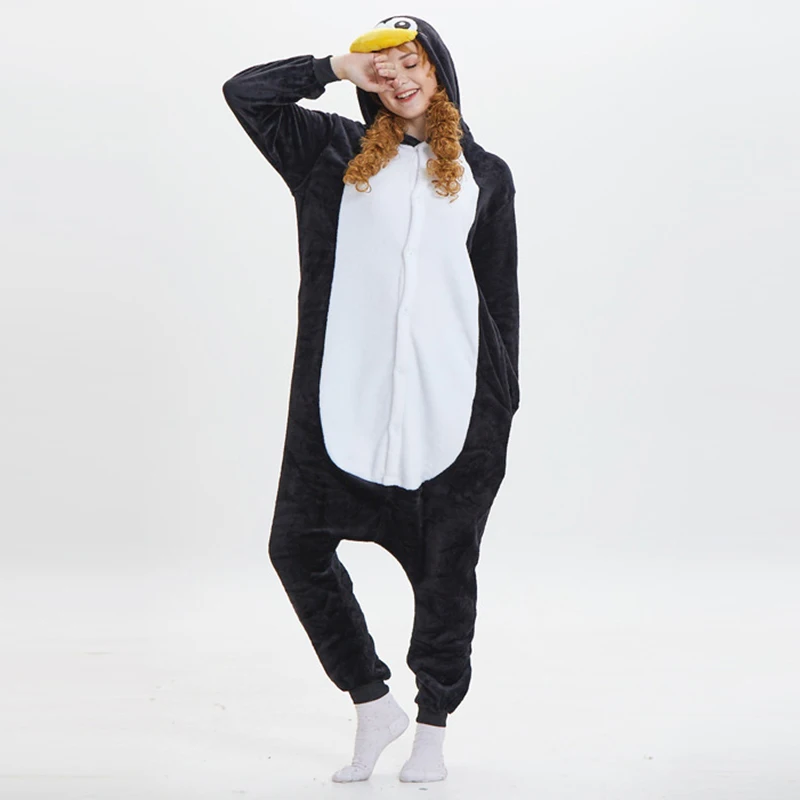 Animal Black Penguin Cosplay Costume Flannel Hooded One Piece Pajamas Set Christmas Anime Adult Kigurumi Women Men Onesie Pyjama
