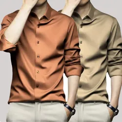 New High Quality Orange Men's Long Sleeve Shirt Luxurious Wrinkle Resistant Non Ironing Solid Business Casual Dress Shirt S-5XL