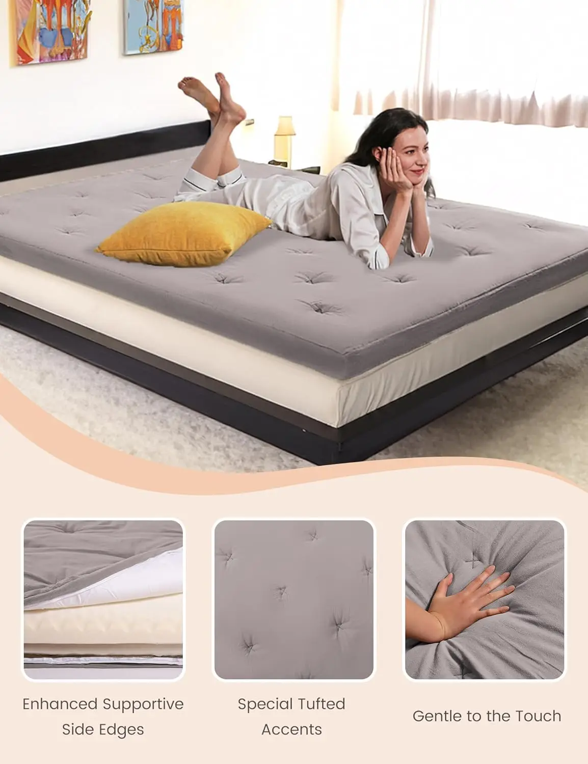 Queen Japanese Floor Futon 60 &ldquo;x80&rdquo;, Cotton 4'' Thickened Tatami Mattress, Adult Rollaway Floor Lounger (Gray)