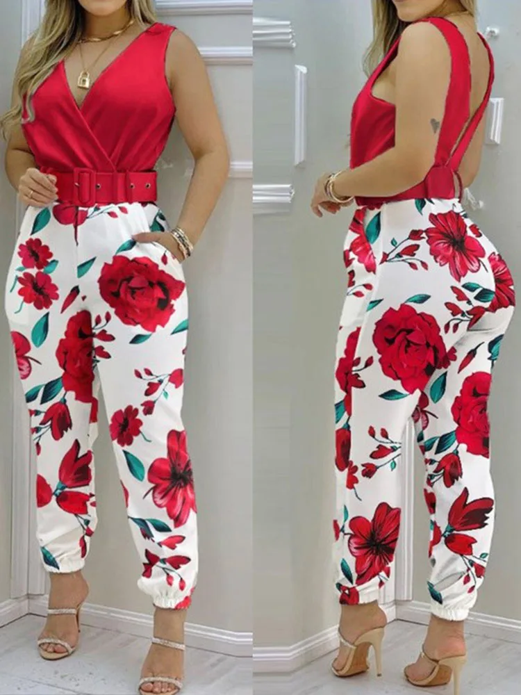 Women Fashion Floral Print Sleeveless Jumpsuits 2024 Summer V Neck Wide Leg Long Pants Rompers Boho Backless With Belts Jumpsuit