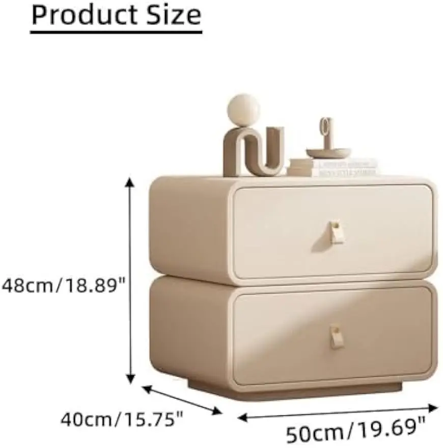 Solid Wood Nightstand, Leather Cream Style Bedside Table with 2 Drawer, Rounded Corner Storage Cabinet No Installation Required