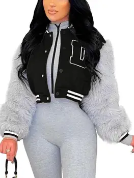 Women Faux Fur Sleeve Cropped Baseball Jacket Casual Patchwork Letterman Coat 1