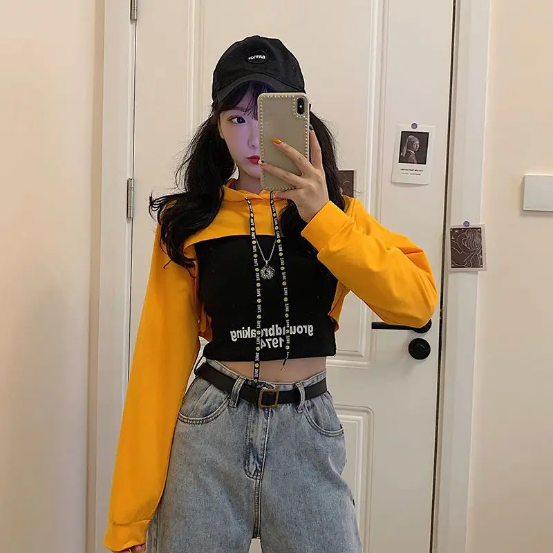 

Slim Top with Orint on Letter Printing Women's Sweatshirt Hoodies Cropped Woman Clothing Text Hooded Autumn and Winter Cotton M