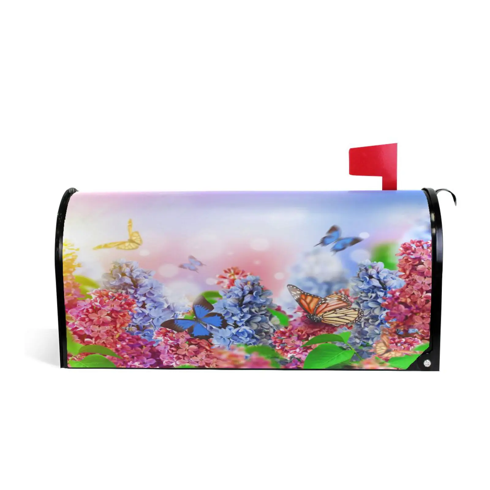 Lilac Flower Butterfly Printed Mailbox Cover Magnetic PVC Wrap Waterproof Sun Protection Post Letter Box Cover Garden Yard Decor