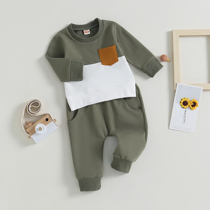 

Toddler Baby Boy Fall Winter Clothes Color Block Long Sleeve Crewneck Sweatshirt Jogger Pants Set Infant Outfits