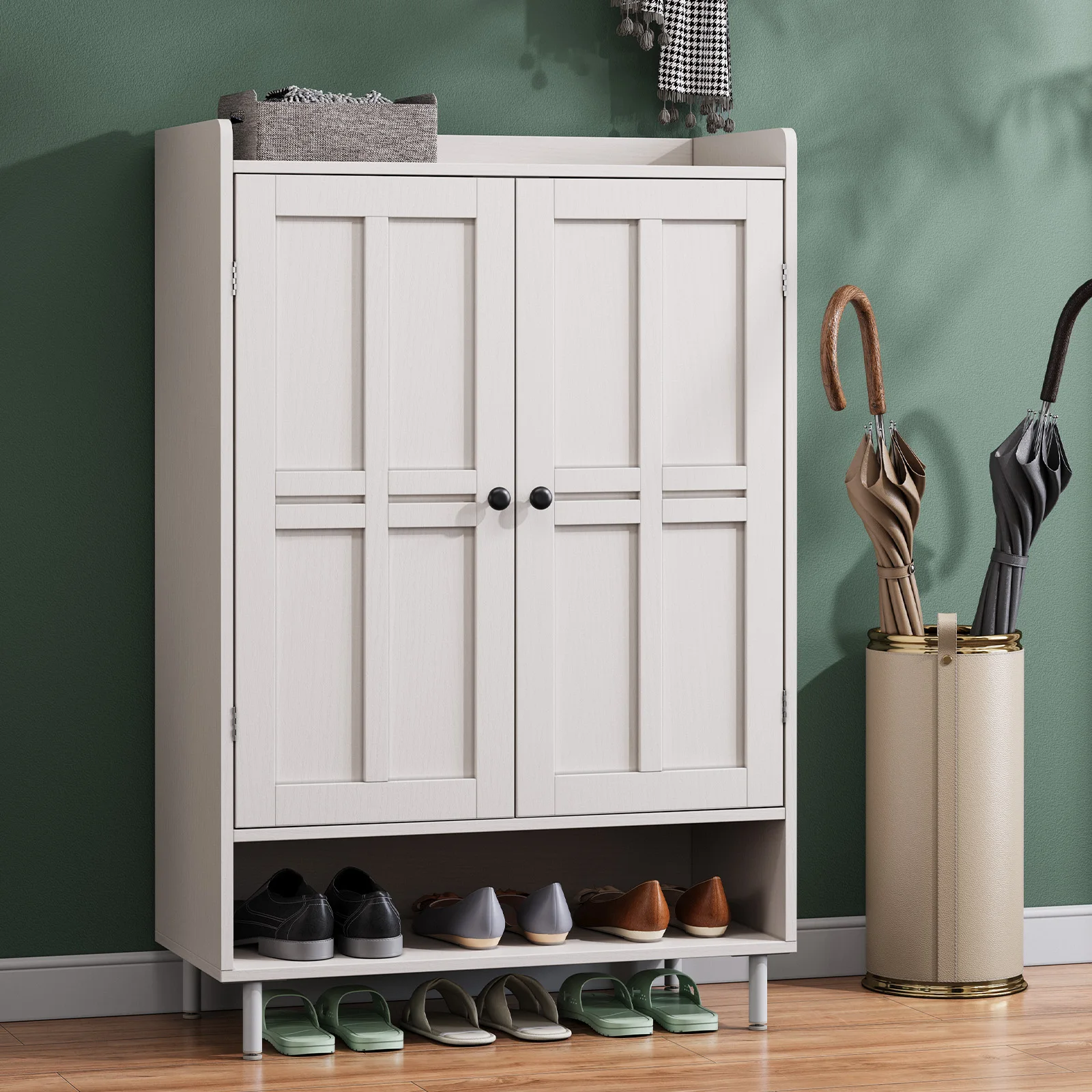 45'' Shoe Cabinet Storage for Entryway, 6-Tier Farmhouse Shoe Storage Cabinet with Cross Molding Doors and 3 Adjustable Shelves 4