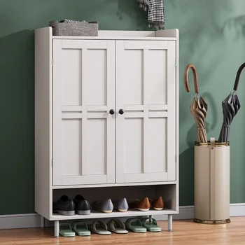 45'' Shoe Cabinet Storage for Entryway, 6-Tier Farmhouse Shoe Storage Cabinet with Cross Molding Doors and 3 Adjustable Shelves 4