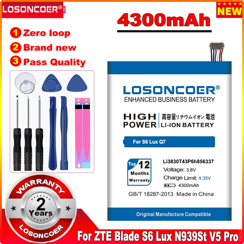

LOSONCOER 4300mAh Li3830T43P6h856337 For ZTE Blade X9 A711 S6 Lux Q7/-C G719C N939St N939SD V5 Pro N939SC Phone Battery