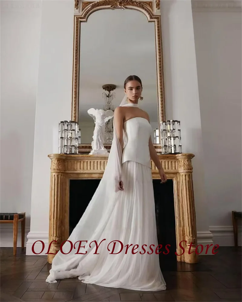 OLOEY Modern Simple A Line Wedding Dresses 2 pcs Strapless Scalf Satin Tulle Scalf Bridal Gowns Plus Size Robes Customized 3
