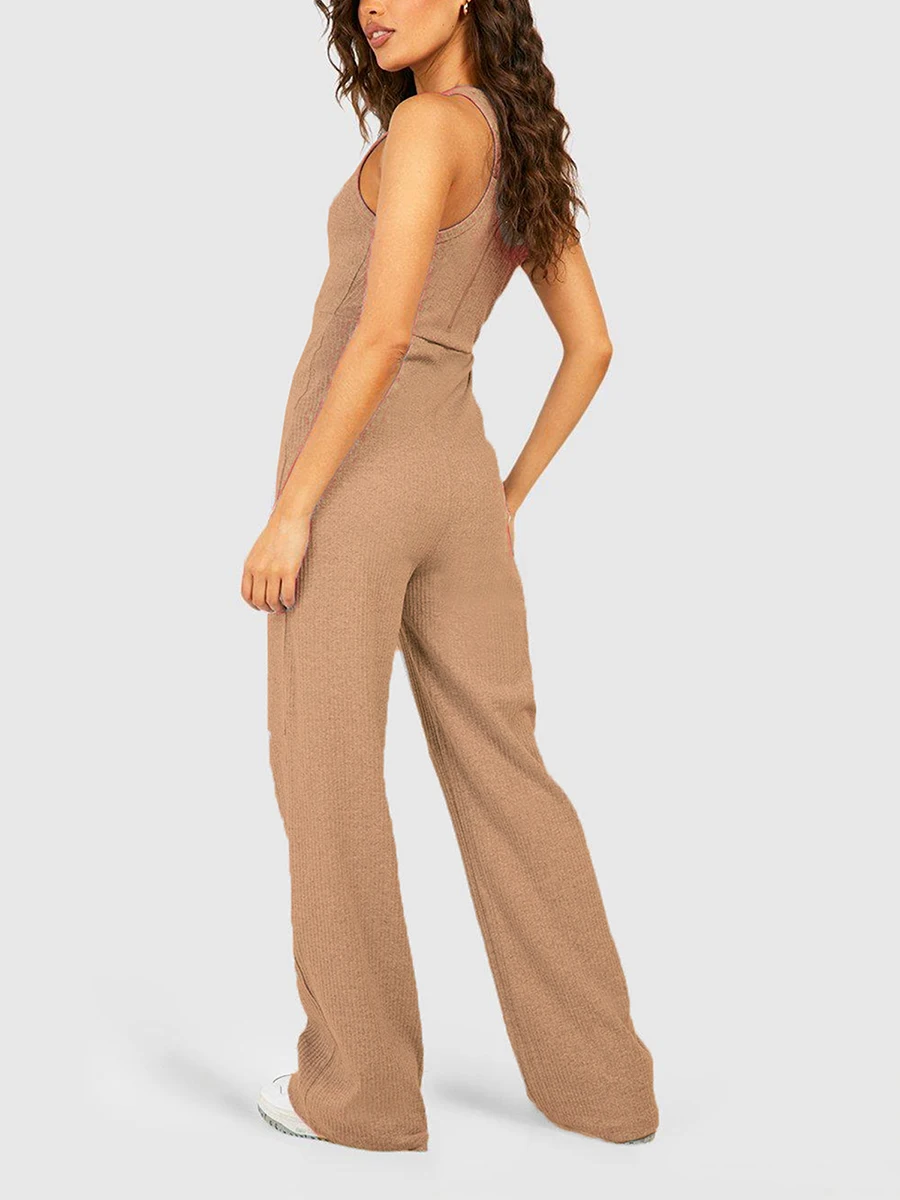 Women\'s Spring Summer Long Jumpsuit Casual Sleeveless Crewneck Solid Color Long Pants Female Rompers Club Streetwear Dailywear