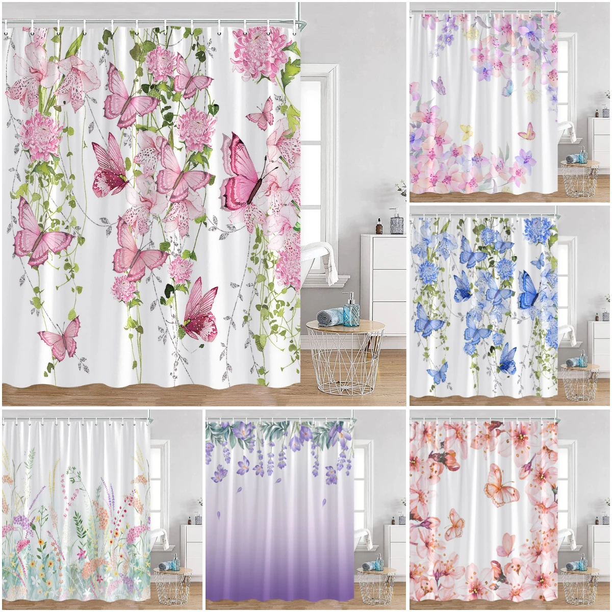 

Watercolor Flowers Butterfly Shower Curtains Green Leaves Plants Colorful Floral Bathroom Decorations Polyester Fabric Bath Curt