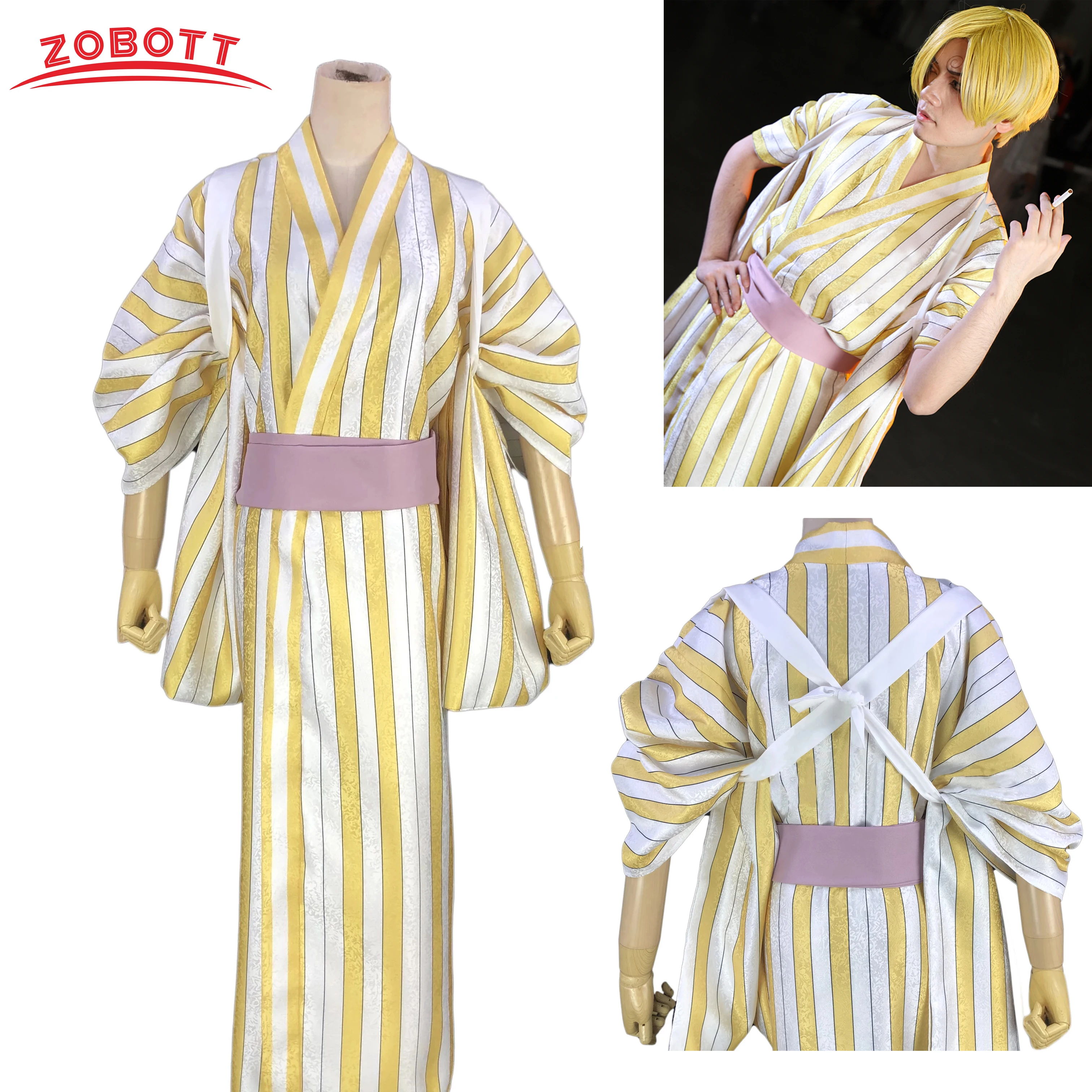 

Anime Wano Country Vinsmoke Sanji Stripes Satin Kimono Cosplay Costume For Women Men halloween party clothing Belt Full Set