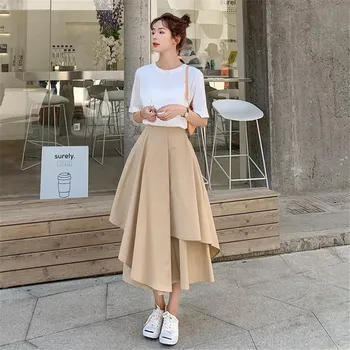 Jupes monochromes taille haute pour femmes, pantalons monochromes, monochromes, conception de chimère asymétrique, streetwear tout match, chic, coréen, élégant, loisirs, ins, automne