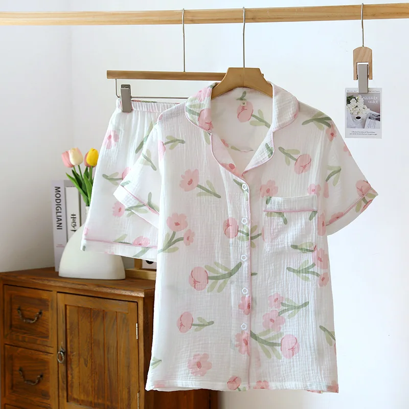 

Summer Short-Sleeved Shorts Pajama Set Love Crepe Cover Cotton Casual and Simple Turn-Down Collar Loungewear for Women Sleepwear