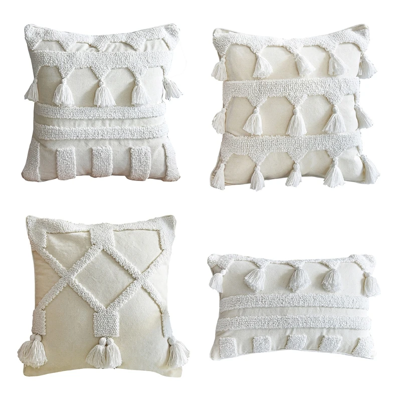 

Nordic Morocan Textured Boho Throw Pillow for Case Woven Tufted White Tassel Striped Decorative Cushion Cover for Couch