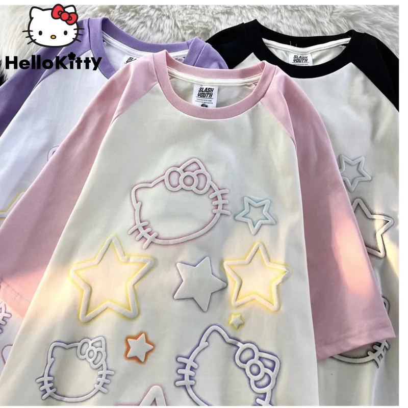 Sanrio Olá Kitty Oversized T-shirt Para As Mulheres Estrela Do Verão Y2k Menina Manga Curta O-pescoço Bonito Rosa Top Kawaii Tees Blusa Moda