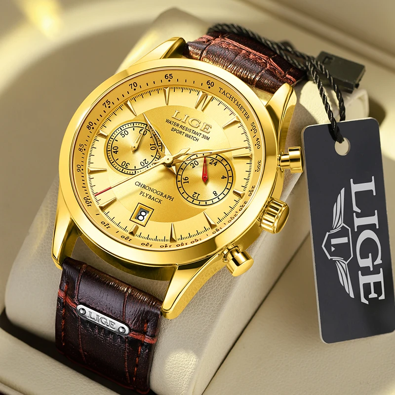 LIGE  Fashion Men Watch Luxury Brand Sport Watch For Men Chronograph Quartz Wristwatch Military Waterproof Leather Band Clock