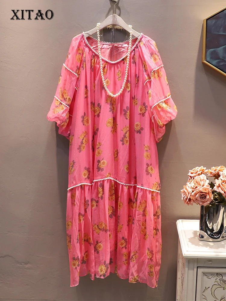 

XITAO Casual Print Dress Women Korea 2023 Summer New Arrival Personality Fashion Loose V-neck Short Sleeve Female Dress HQQ0269