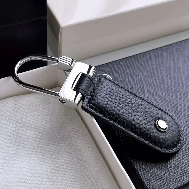 PJS Luxury MB Blue Black Cross & Lychee Patterns Leather Key Chain 316 Stainless Steel U-shaped Ring Classic Keychain With Box