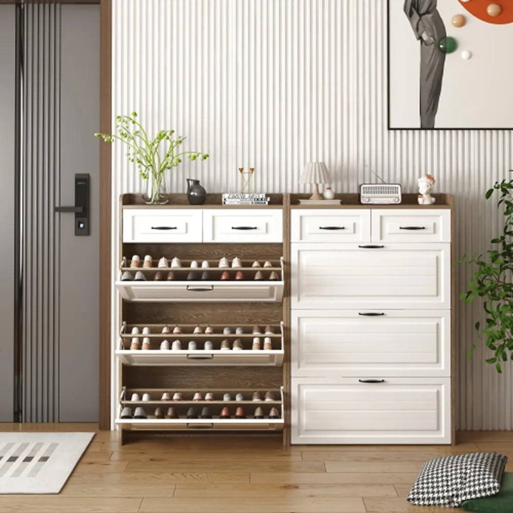 New Oak Color Shoe Cabinet with 3 Doors & 2 Drawers PVC Door Design, Large Storage Space for Entryway or Hallway